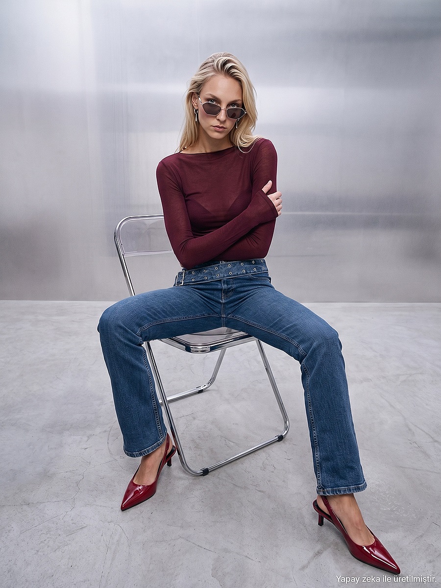 72355 Kemer Detaylı Bootcut Jean-Mavi