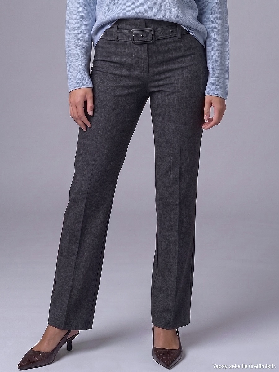 72790 Kemerli Düz Paça Pantolon-Gri