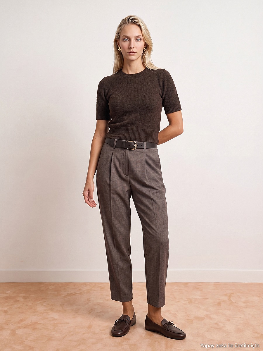 72792 Kemerli Pensli Pantolon-Kahve