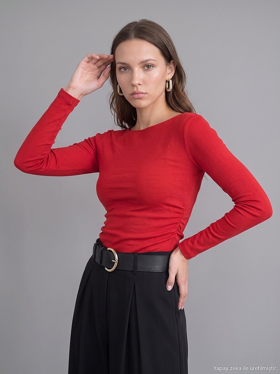 31401 Büzgülü Kayık Yaka Top-K.Kırmızı