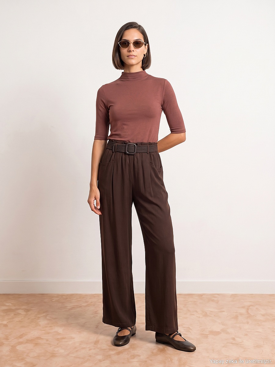 72756 %100 Lyocell Dökümlü Pantolon-Kahve