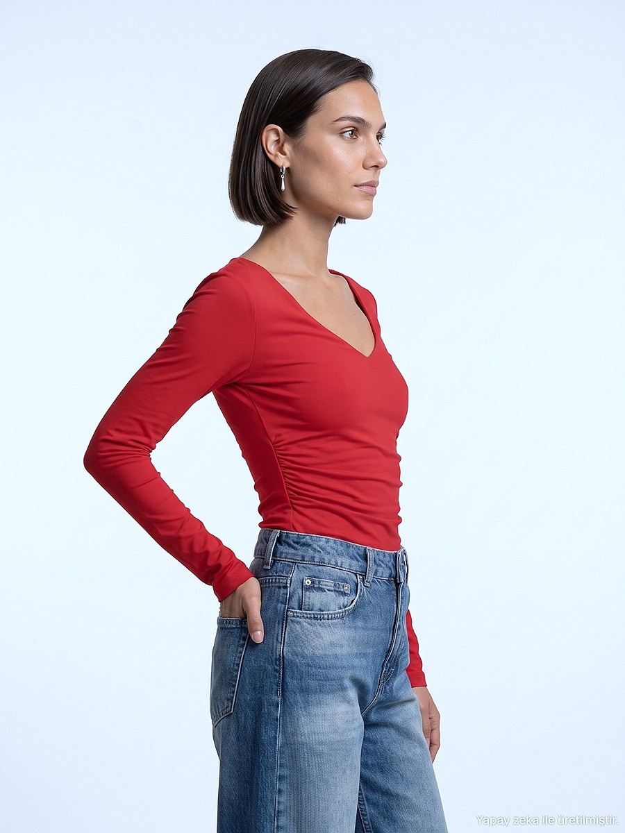 32780 V Yaka Büzgülü Top-Kırmızı