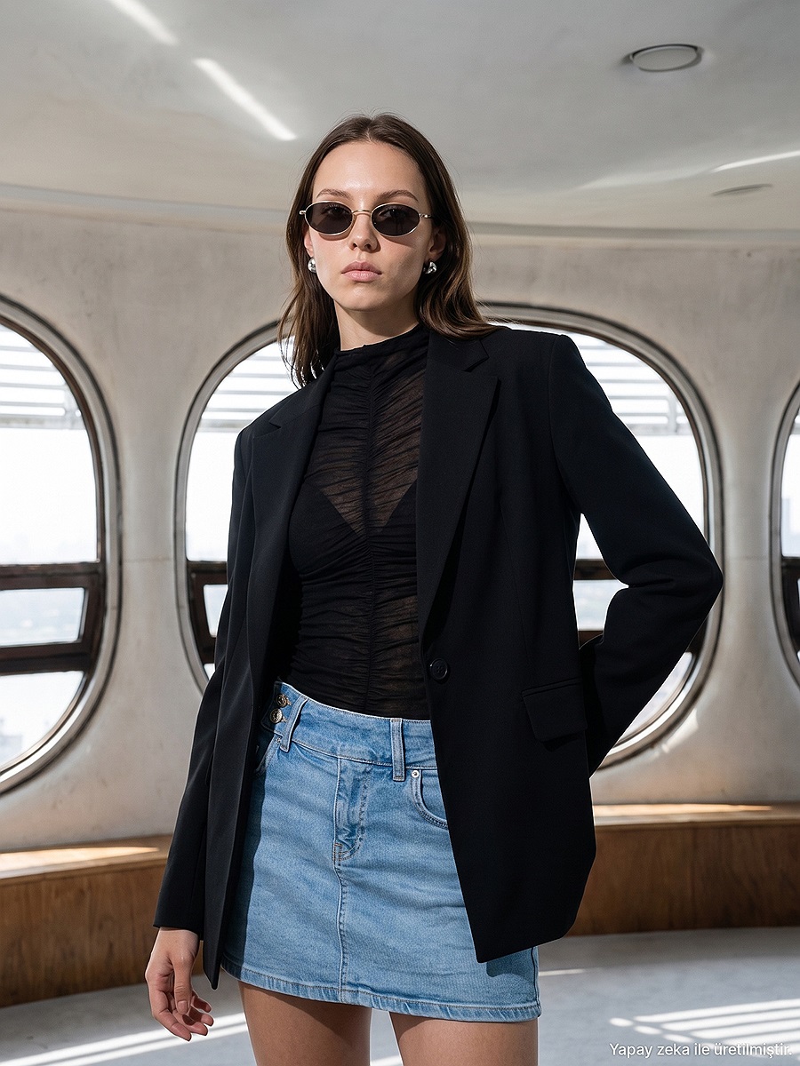 60823 Düz Kesim Blazer Ceket-Siyah