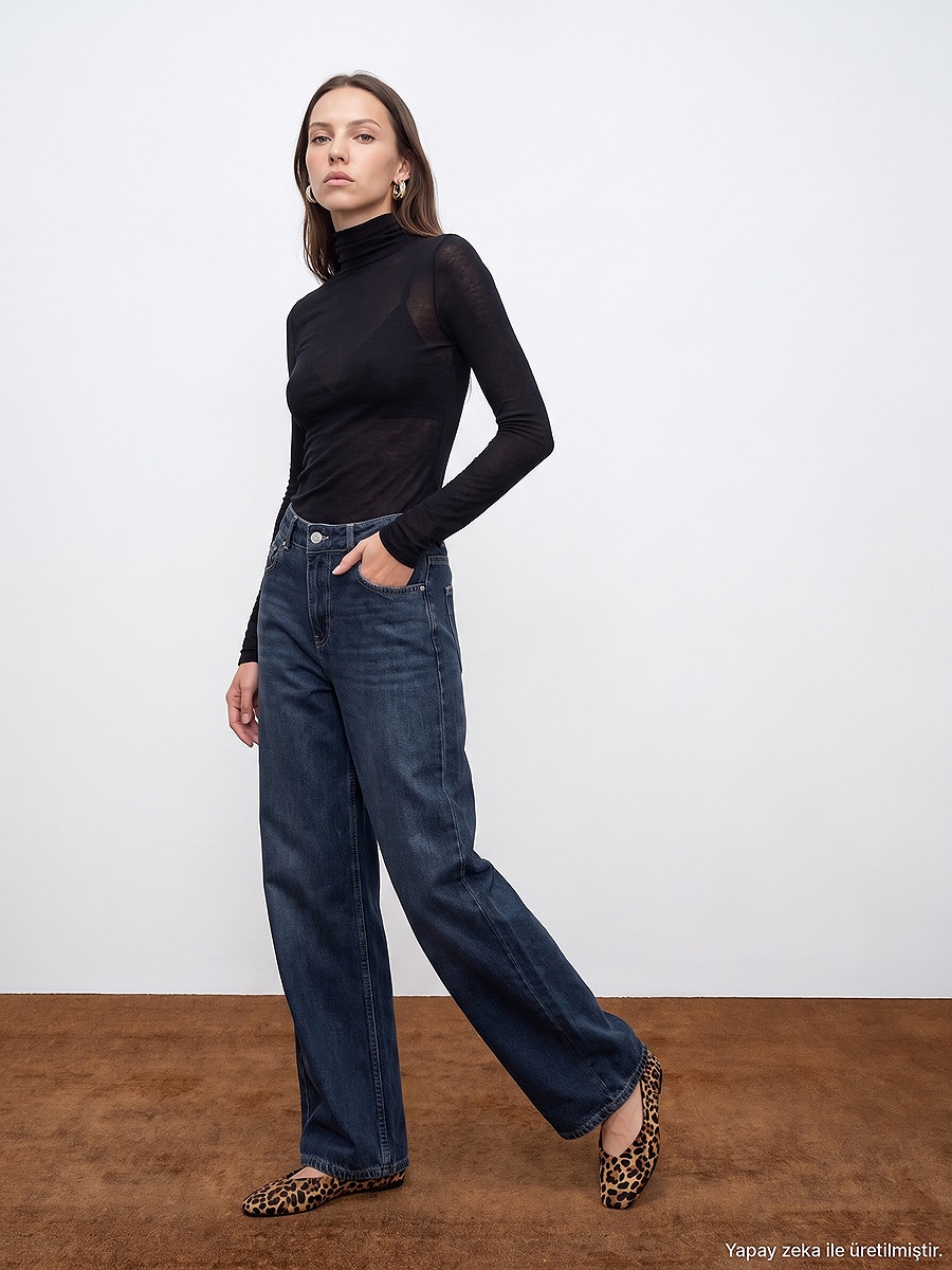 72358 %100 Pamuk Wide Leg Jean-Lacivert