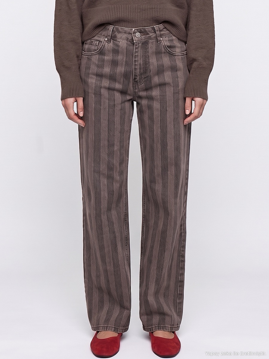 72371 %100 Pamuk Çizgili Wide Leg Jean-Kahve