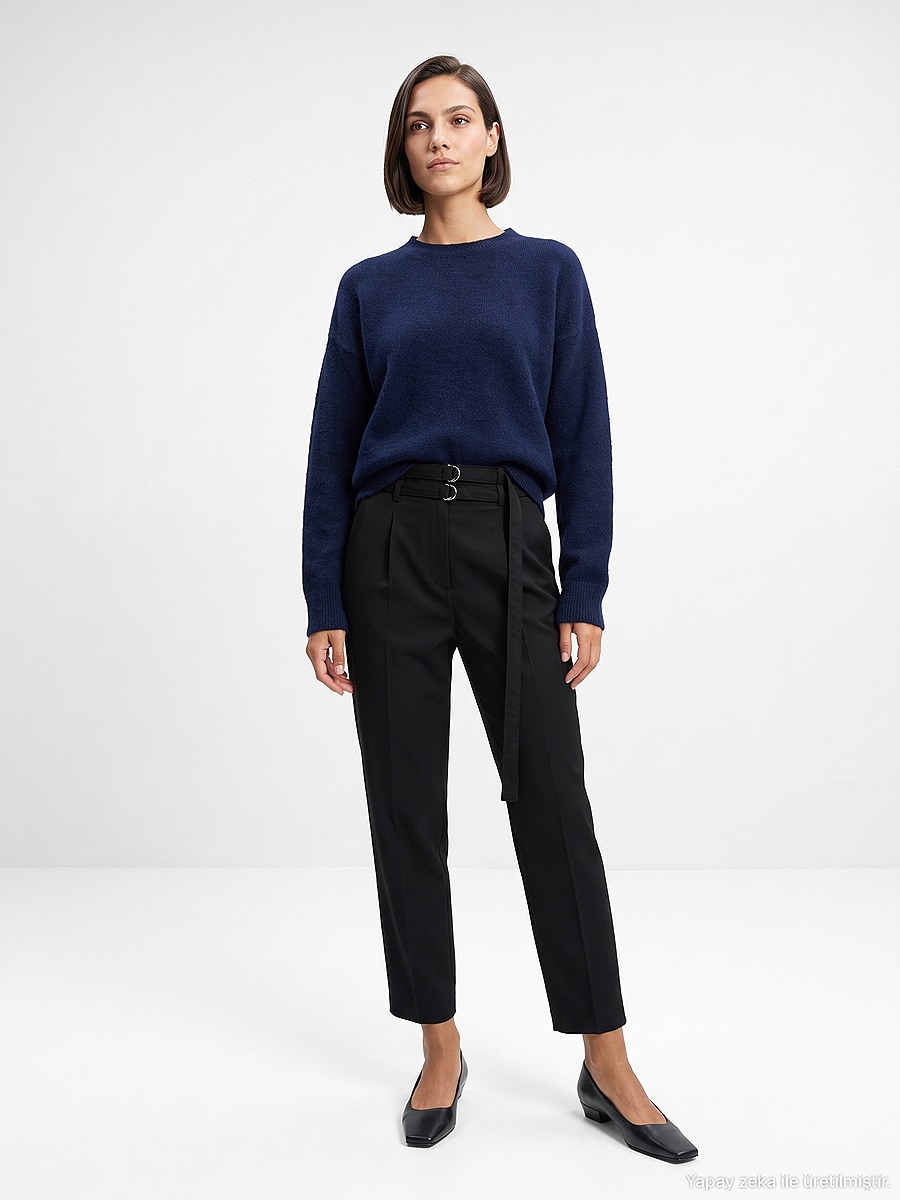 72812 Çift Kemerli Pantolon-Siyah
