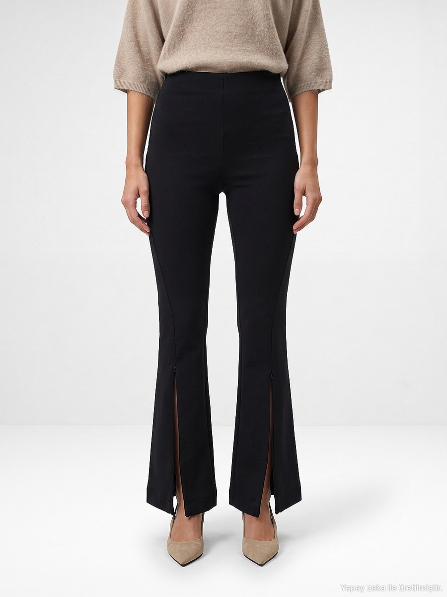 73037 Fermuar Detaylı Flare Pantalon-Siyah
