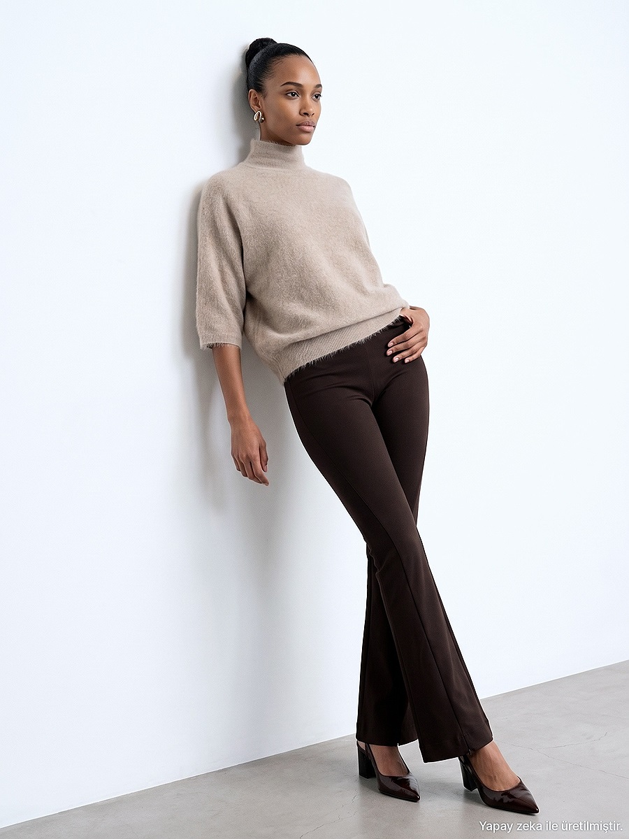 73037 Fermuar Detaylı Flare Pantalon
