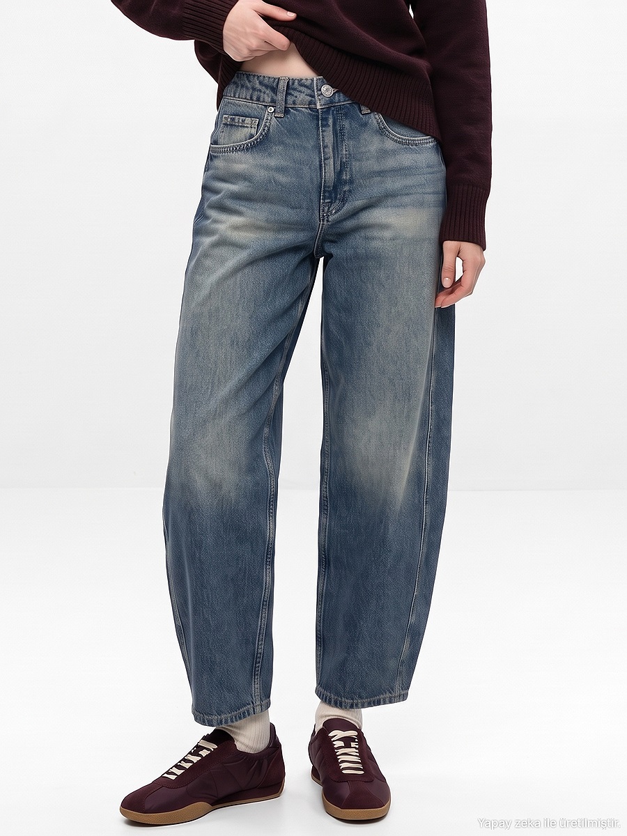 72364 %100 Pamuk Yüksek Bel Barrel Jean