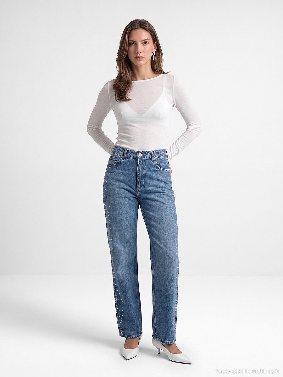 72365 Lyocell Karışımlı Taşlı Wide Leg Jean