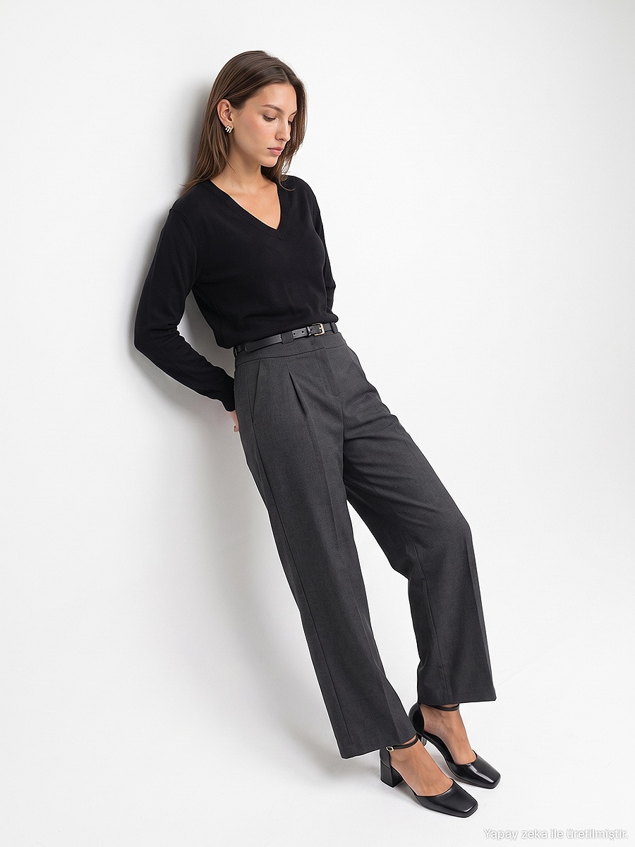 72803 Kemerli Pileli Pantolon