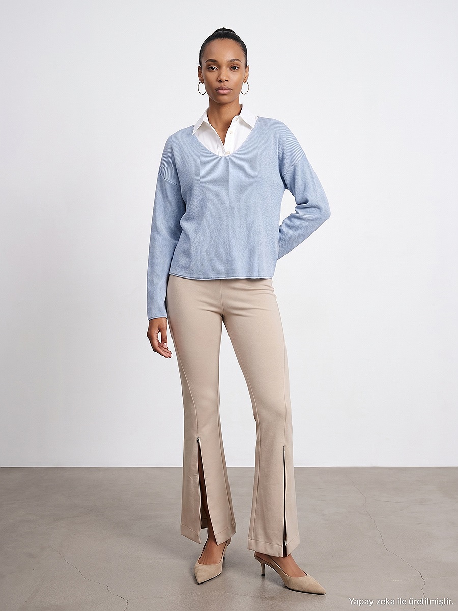 73037 Fermuar Detaylı Flare Pantalon