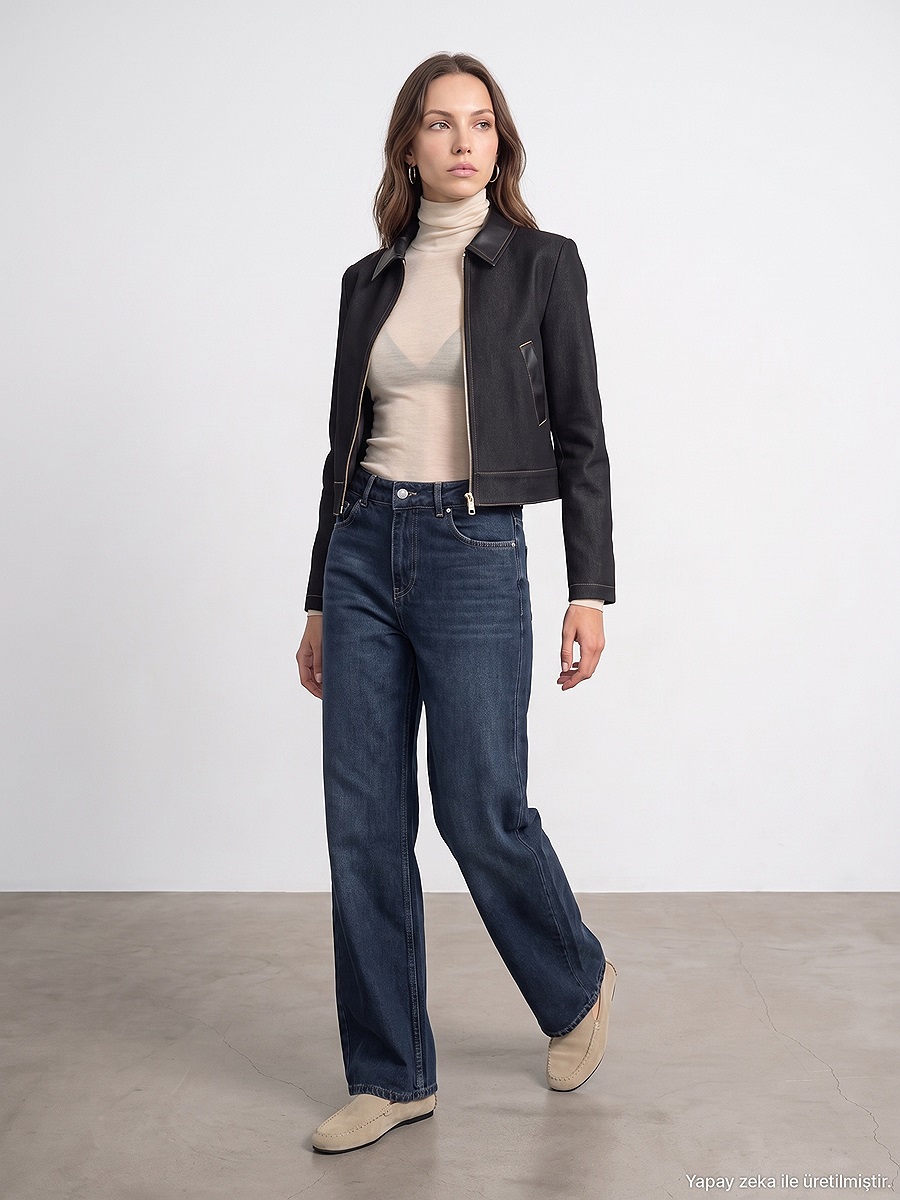 60826 Deri Detaylı Crop Ceket