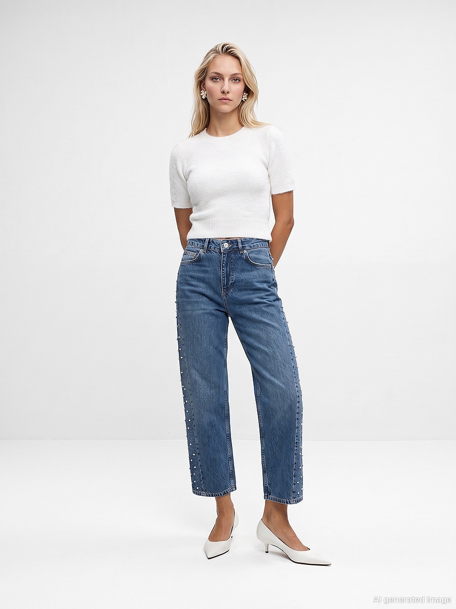 72368 %100 Pamuk Taşlı Barrel Jean