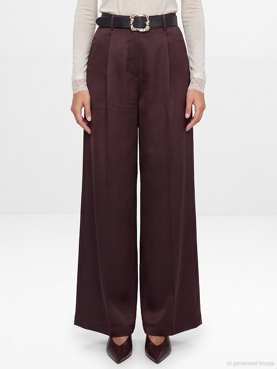 72833 Kemerli Saten Görünümlü Geniş Paça Pantolon