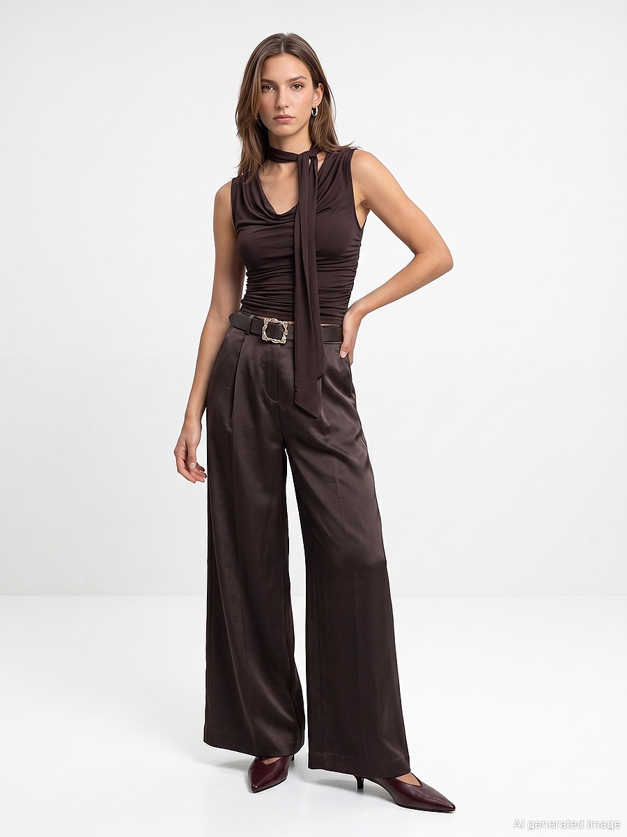 72833 Kemerli Saten Görünümlü Geniş Paça Pantolon