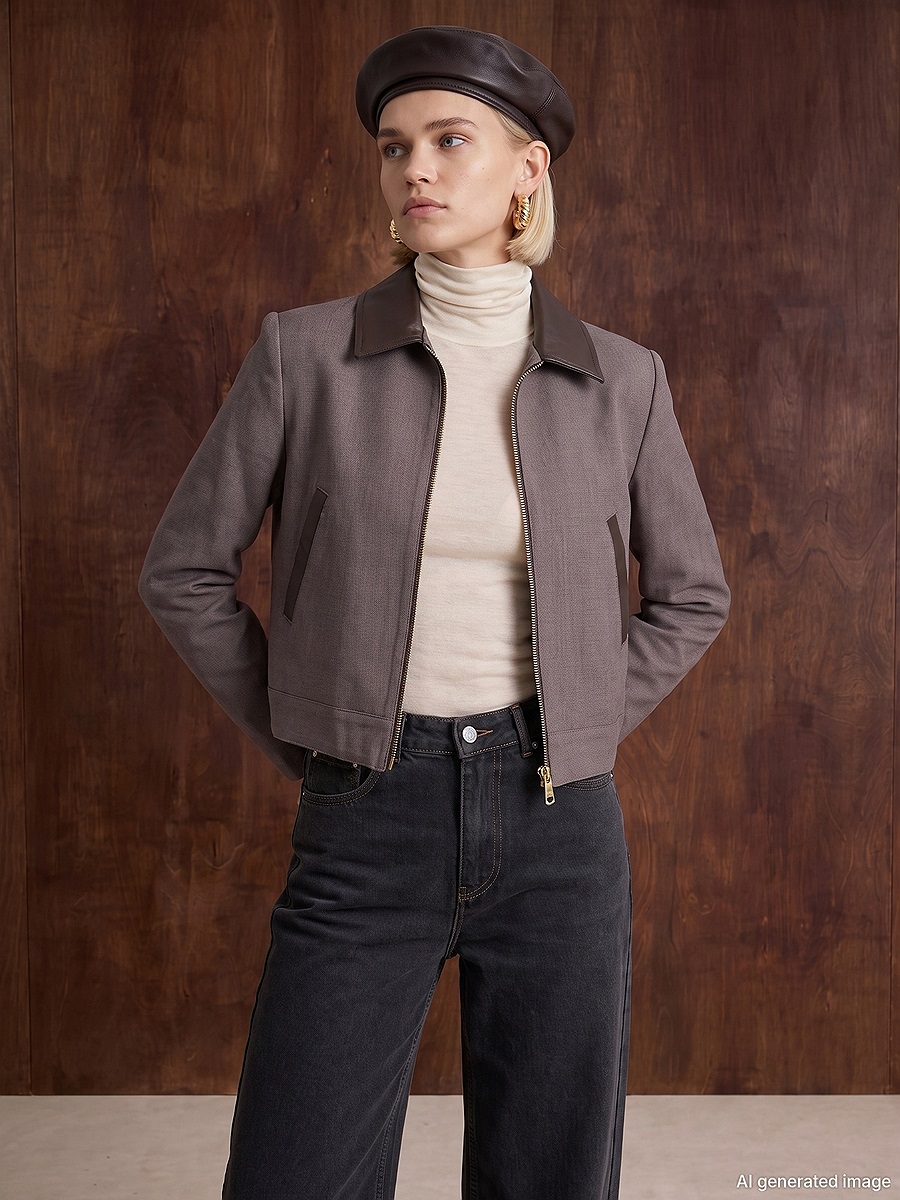 60830 Deri Detaylı Crop Ceket